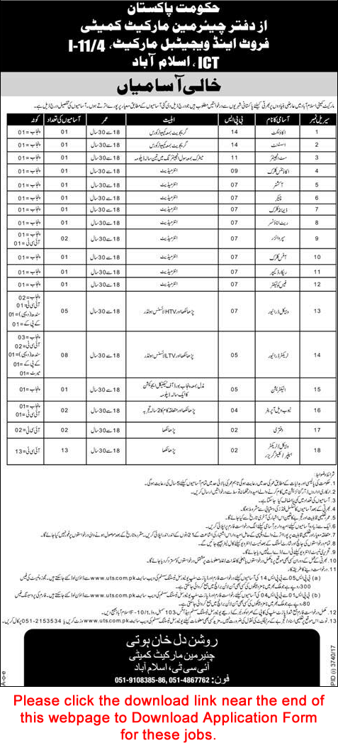 Market Committee Islamabad Jobs 2018 UTS Application Form Drivers, Tubewell Operators & Others Latest