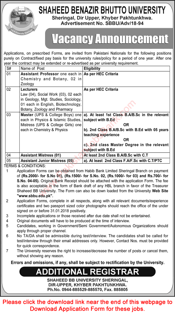 Shaheed Benazir Bhutto University Sheringal Jobs 2018 Upper Dir Application Form Teaching Faculty & Others Latest