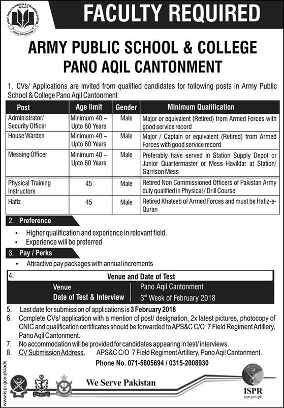 Army Public School and College Pano Aqil Jobs 2018 Admin / Security Officers, House Warden & Others Latest