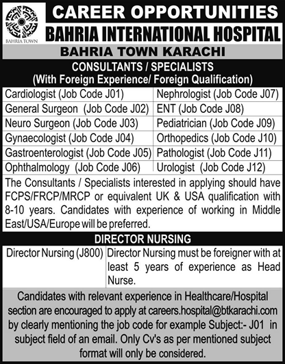 Bahria International Hospital Karachi Jobs 2018 Specialist Doctors / Consultants & Nursing Directors Latest