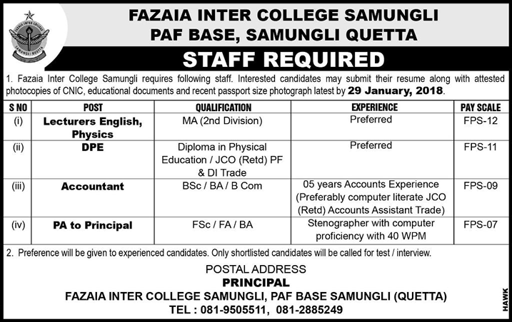 Fazaia Inter College Samungli Quetta Jobs 2018 Lecturers, DPE, Accountant & PA to Principal Latest