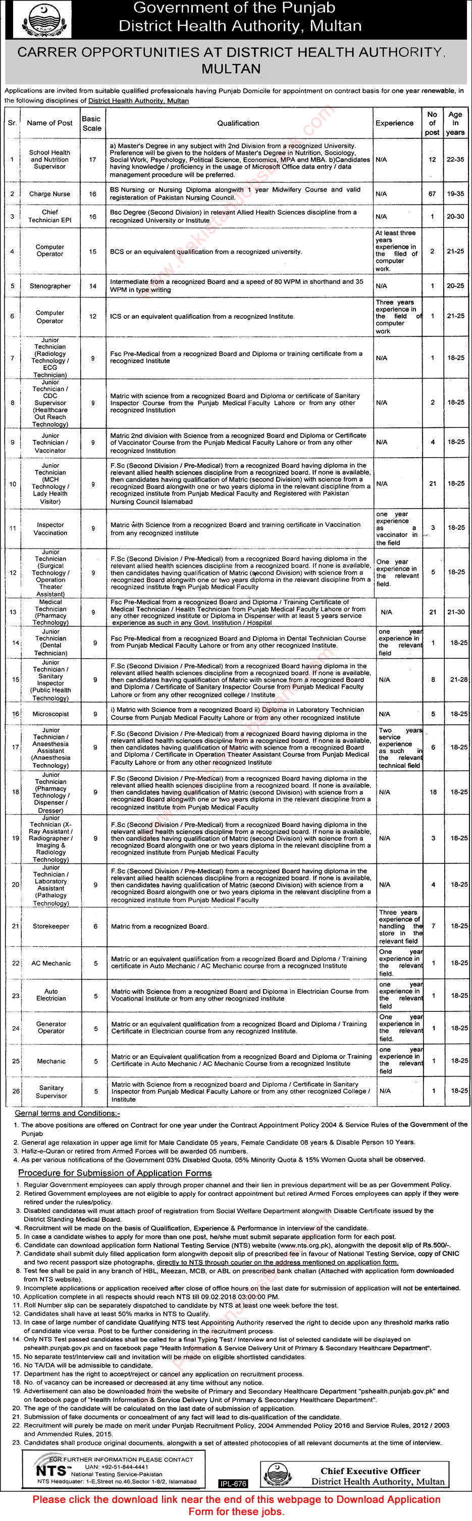 Health Department Multan Jobs 2018 NTS Application Form Nurses, LHV, Dispensers / Dressers & Others Latest