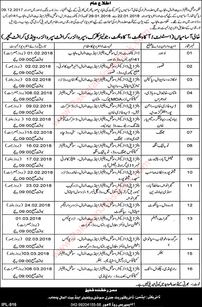 Social Welfare and Bait-ul-Maal Department Punjab Jobs 2018 Test / Interview Schedule Latest