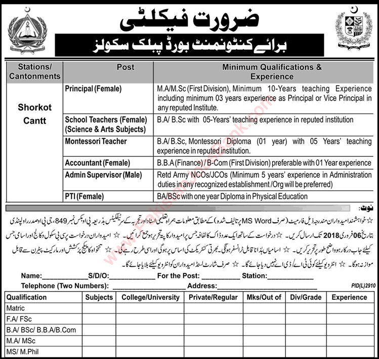 Cantonment Board Public Schools Jobs 2018 Shorkot Teachers, PTI, Principal & Others Latest