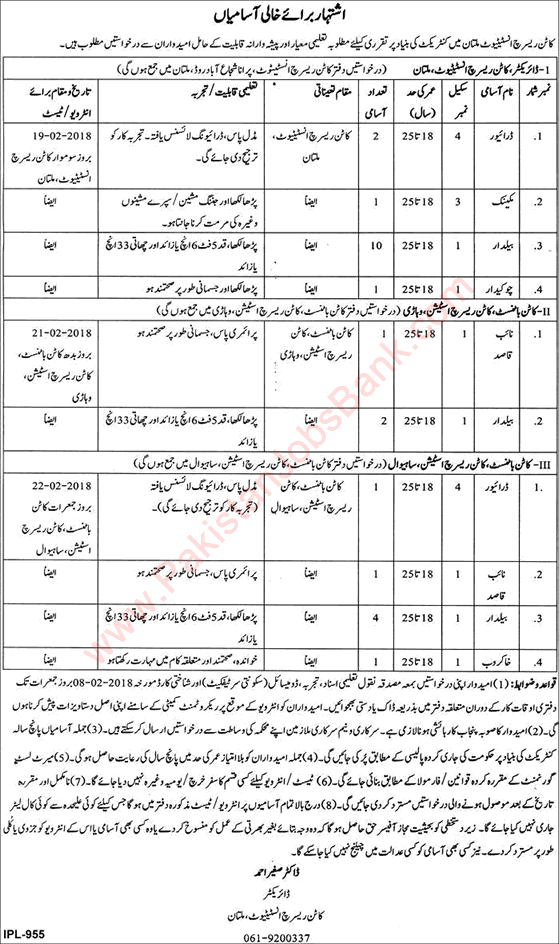 Cotton Research Institute Multan Jobs 2018 Baildar, Drivers & Others Agriculture Department Latest