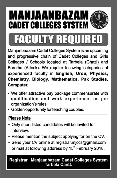 Man Janbazam Cadet Colleges Ghazi Barotha Jobs 2018 January Teaching Faculty Latest