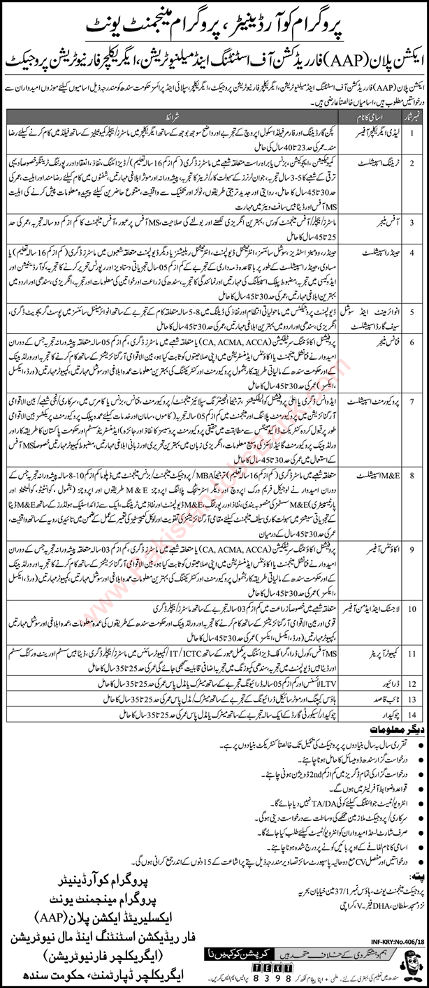 Agriculture Department Sindh Jobs 2018 January Accounts Officer, Computer Operator & Others Latest
