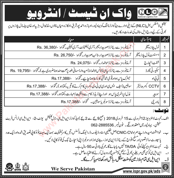 NLC Jobs 2018 January Punjab Headquarter Tolling Toll Booth Operators & Others Walk in Test / Interview Latest