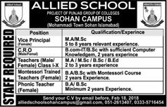Allied School Islamabad Jobs 2018 January Teachers & Others at Sohan Campus Latest