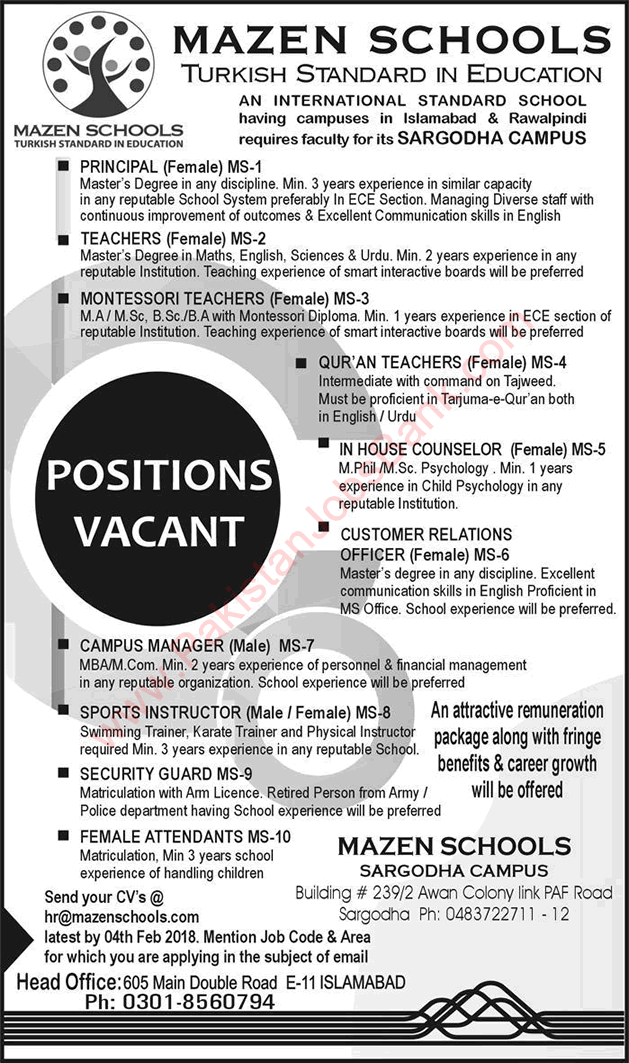 Mazen School Sargodha Campus Jobs 2018 January Teachers, Customer Relations Officer & Others Latest