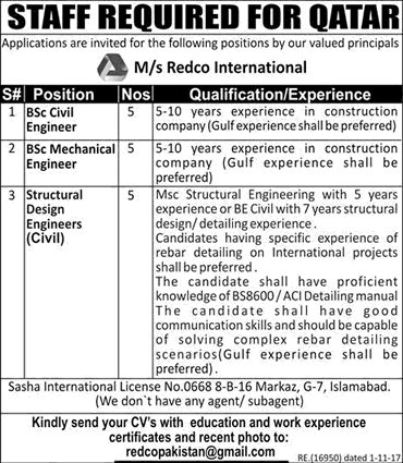 Redco International Qatar Jobs 2018 January for Civil & Mechanical Engineers Latest