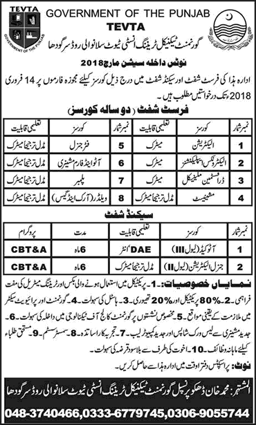 TEVTA Free Courses 2018 January Sargodha Government Technical Training Institute Latest