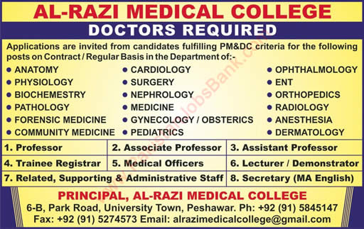 Al Razi Medical College Peshawar Jobs 2018 January Teaching Faculty, Medical Officers & Others Latest
