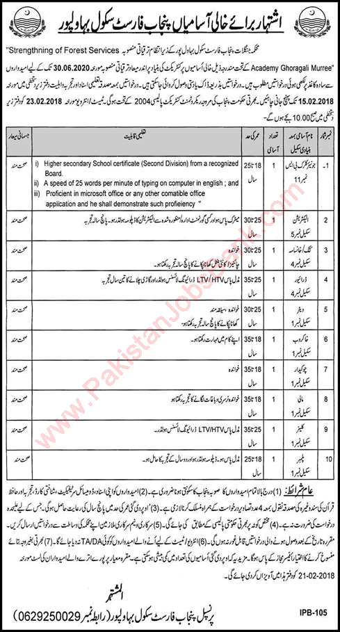 Punjab Forest School Bahawalpur Jobs 2018 February Clerks, Driver, Chowkidar & Others Latest