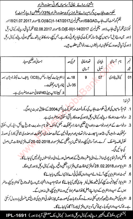 Canal Patwari Jobs in Irrigation Department Punjab Lahore 2018 February Latest