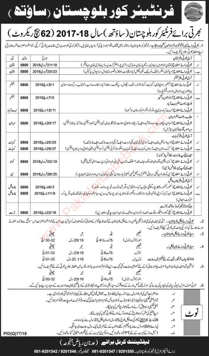 Frontier Corps Balochistan Jobs February 2018 Sipahi General Duty Latest / New