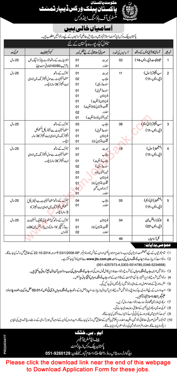 Pakistan Public Works Department Jobs 2018 February JTS Application Form Estimators, Sub Engineers & Others Latest