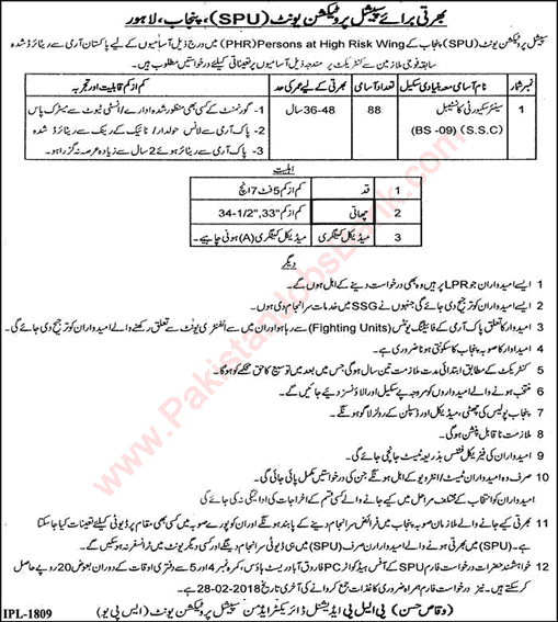 Special Protection Unit Punjab Police Jobs 2018 February for Security Constables SPU Latest
