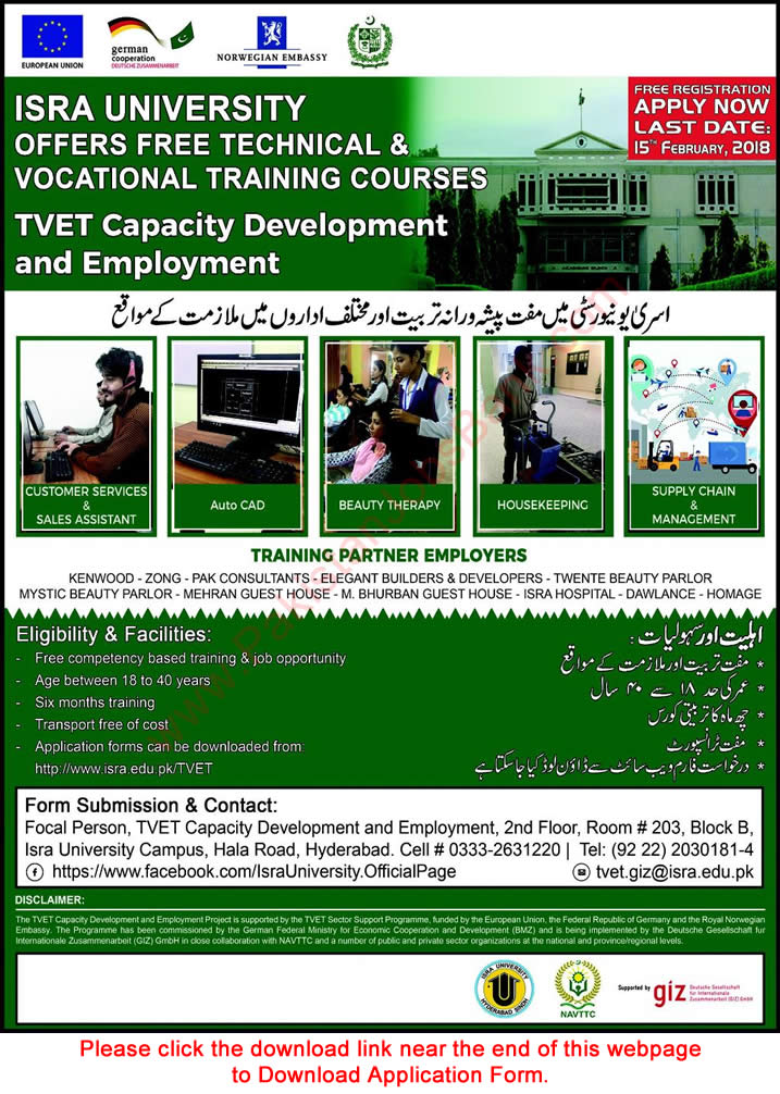 Isra University Hyderabad Free Training Courses 2018 February Application Form TVET Latest