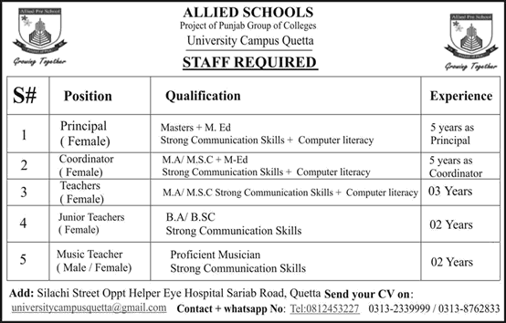Allied School University Campus Quetta Jobs 2018 February Teachers, Coordinator & Principal Latest