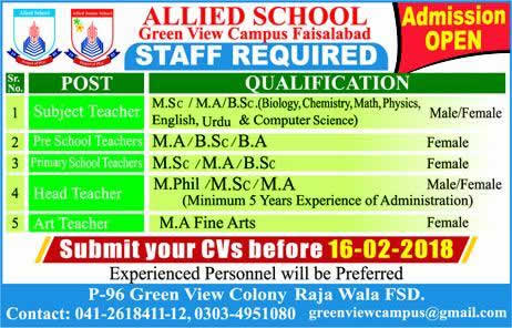 Allied School Faisalabad Jobs 2018 February for Teachers at Green View Campus Latest