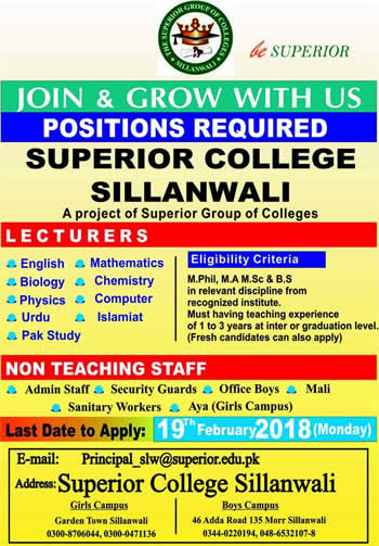 Superior College Sillanwali Jobs 2018 February Lecturers, Admin & Support Staff Latest