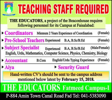 The Educators School Faisalabad Jobs 2018 February Teachers, Coordinators & Others Fatmeed Campus Latest