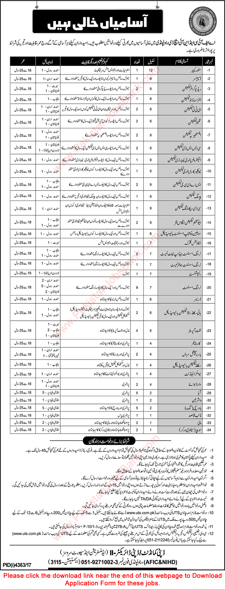 AFIC Rawalpindi Jobs 2018 February NIHD UTS Application Form Armed Forces Institute of Cardiology Latest