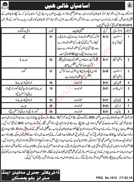 Mines and Minerals Department Balochistan Jobs 2018 February Naib Qasid, Chowkidar & Others Latest