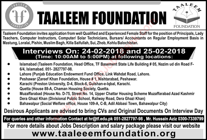 Taleem Foundation Balochistan Jobs 2018 February Female Teachers & Others Walk in Interview Latest