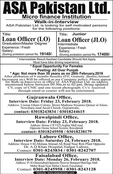 Loan Officer Jobs in ASA Pakistan February 2018 Walk in Interview Microfinance Institution Latest