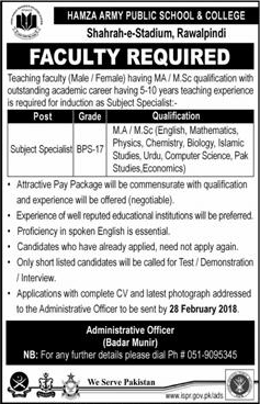 Teaching Jobs in Rawalpindi February 2018 at Hamza Army Public School and College Latest