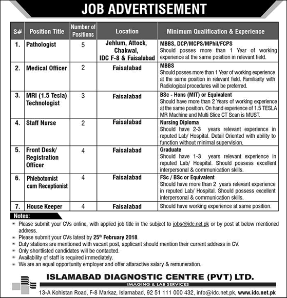Islamabad Diagnostic Centre Jobs 2018 February Medical Officers, Staff Nurses & Others Latest