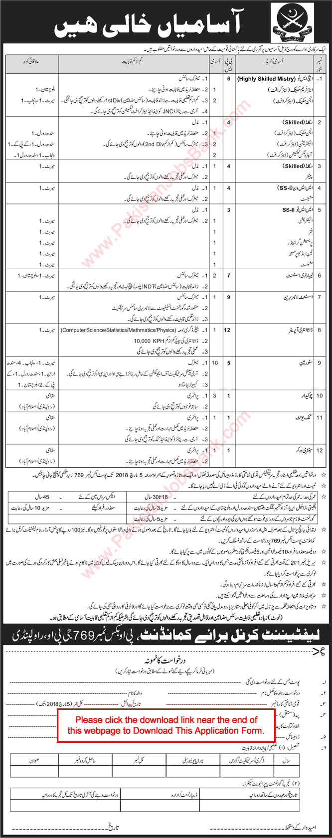 PO Box 769 GPO Rawalpindi Jobs 2018 February Application Form Pakistan Army Latest