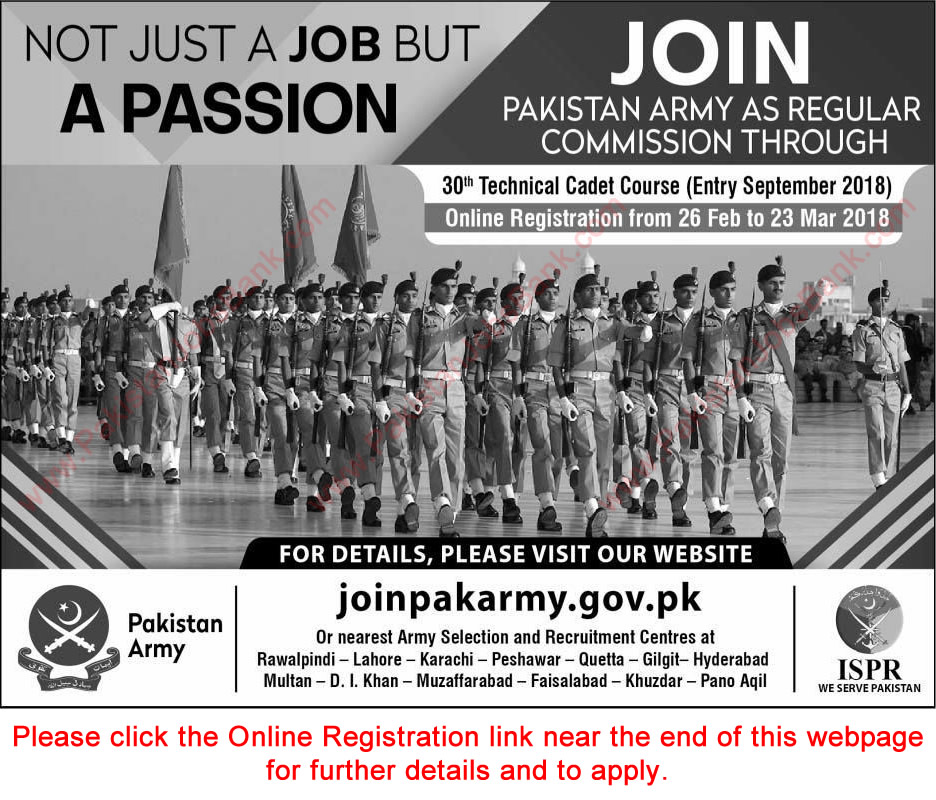 Join Pakistan Army through 30th Technical Cadet Course 2018 February Online Registration Regular Commission Latest