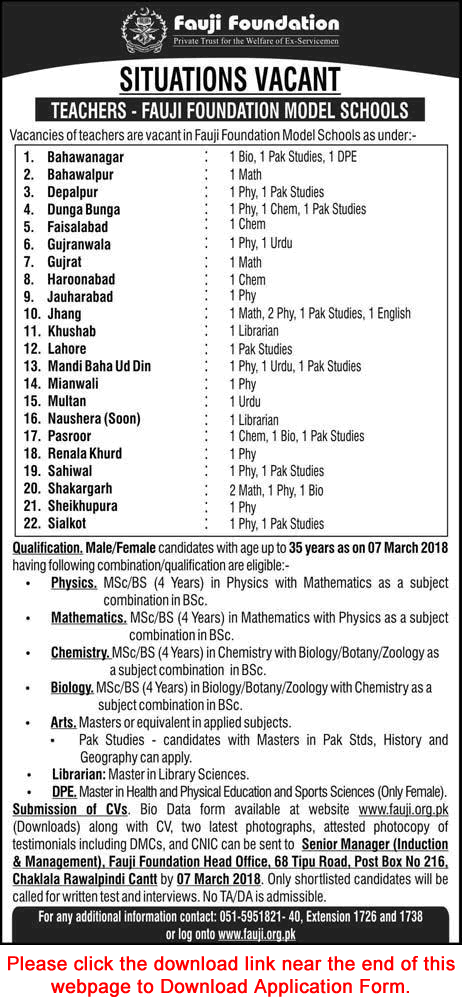 Fauji Foundation Model Schools Jobs February 2018 Teachers Application Form Download Latest