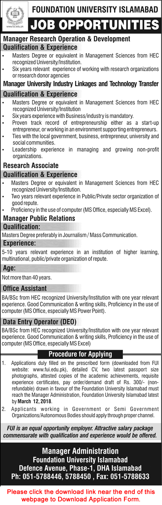 Foundation University Islamabad Jobs 2018 February Application Form Office Assistant, DEO & Others Latest