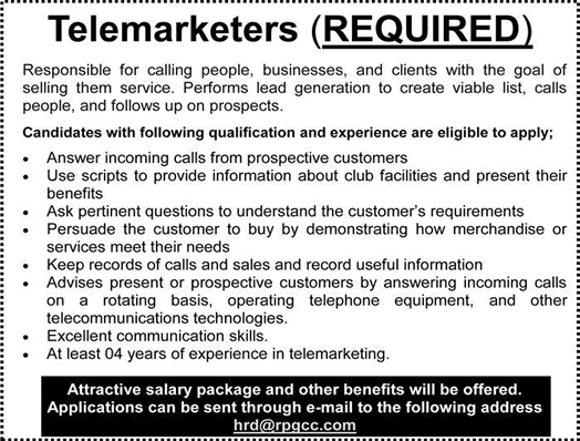 Telemarketer Jobs in Lahore 2018 February at Royal Palm Golf and Country Club Latest
