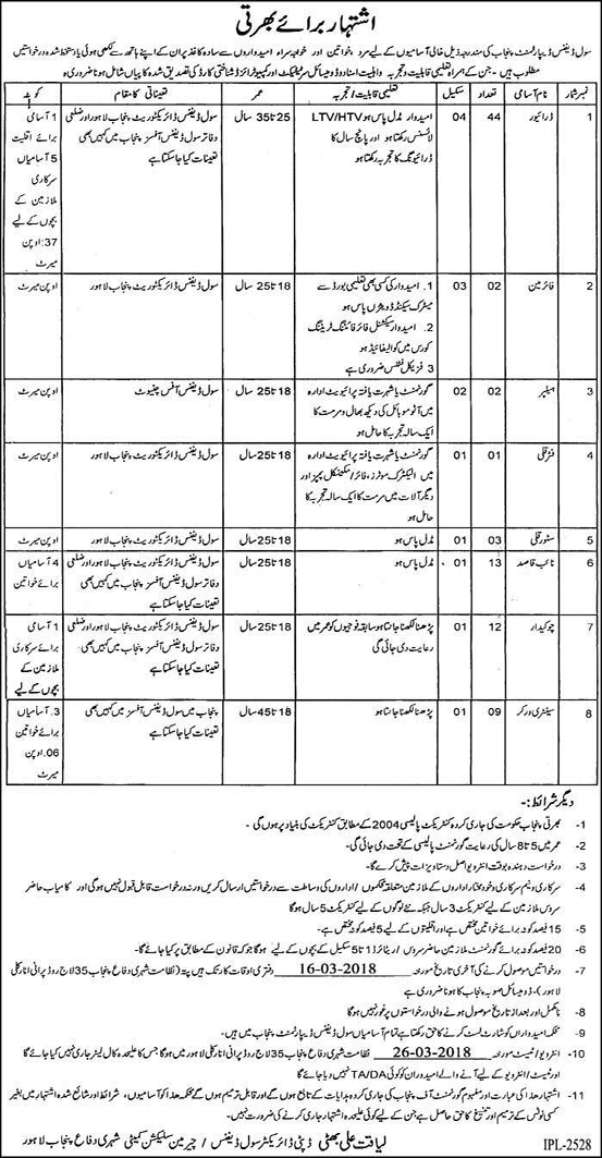 Civil Defence Department Punjab Jobs 2018 February Drivers, Naib Qasid, Chowkidar & Others Latest