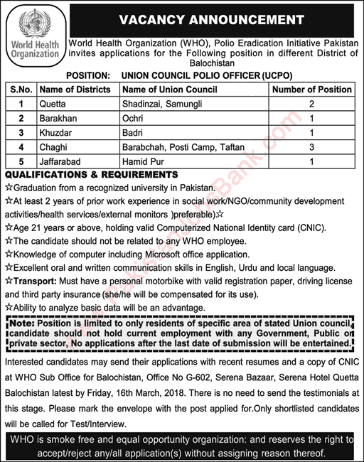 Union Council Polio Officer Jobs in WHO Balochistan 2018 March World Health Organization Latest