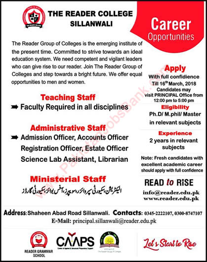 The Reader College Sillanwali Jobs 2018 March Teachers, Lab Assistant, Admin & Support Staff Latest