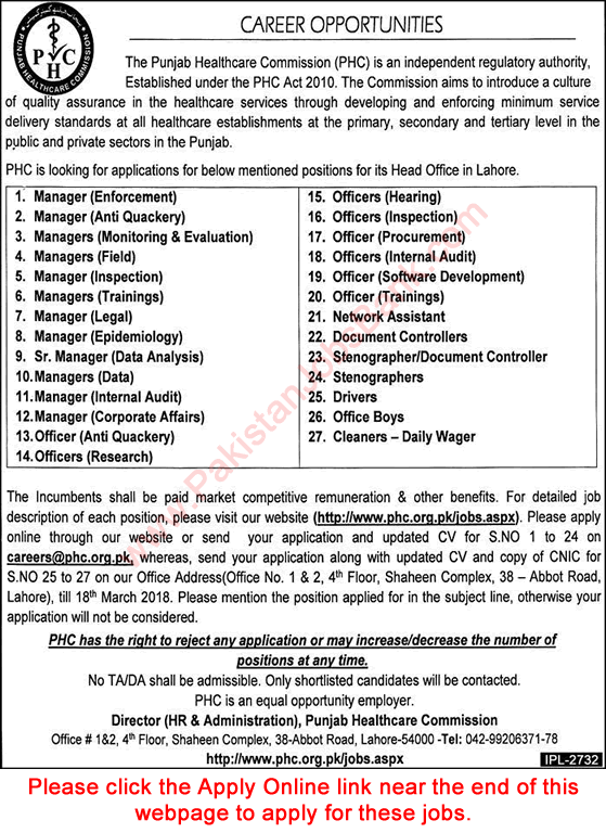 Punjab Healthcare Commission Jobs 2018 March Apply Online Managers, Officers & Others Latest