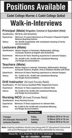 Cadet College Murree / Qutbal Jobs 2018 March Teachers / Lecturers & Others Walk in Interview Latest
