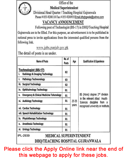 Medical Technologist Jobs in DHQ / Teaching Hospital Gujranwala 2018 March Apply Online Latest
