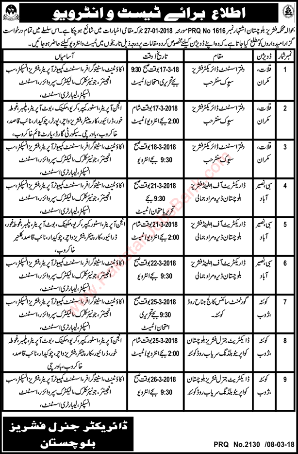 Fisheries Department Balochistan Jobs March 2018 Test / Interview Schedule Latest