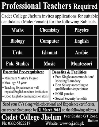 Teaching Jobs Cadet College Jhelum March 2018 Professional Teachers Latest