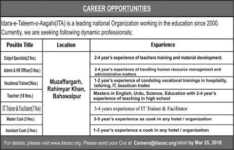 Idara e Taleem o Aagahi Pakistan Jobs 2018 March Teachers, Trainers & Others NGO Latest