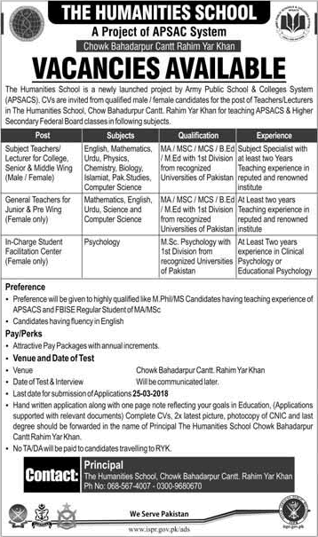 The Humanities School Rahim Yar Khan Jobs 2018 March Teachers / Lecturer & Others Latest