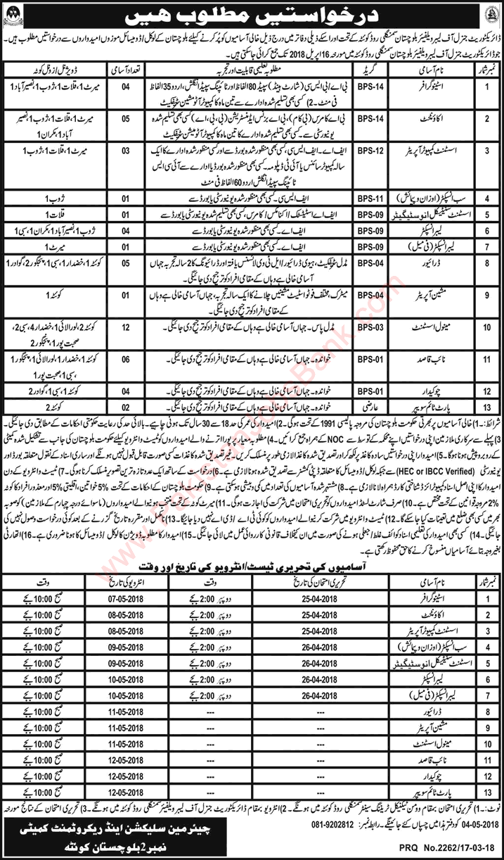 Directorate General of Labour Welfare Balochistan Jobs 2018 March Stenographers, Accountants & Others Latest