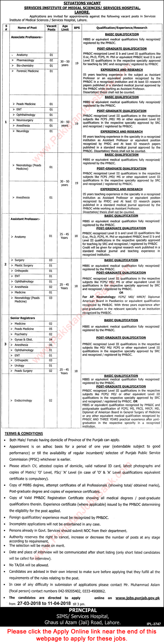 Services Hospital Lahore Jobs 2018 March Apply Online Teaching Faculty Services Institute of Medical Sciences Latest